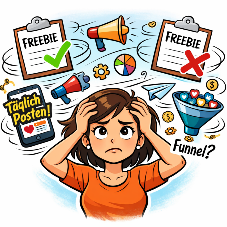 Frau überfordert von Online-Marketing mit Freebie, Reels und Funnel – Sichtbarkeit aufbauen ohne System