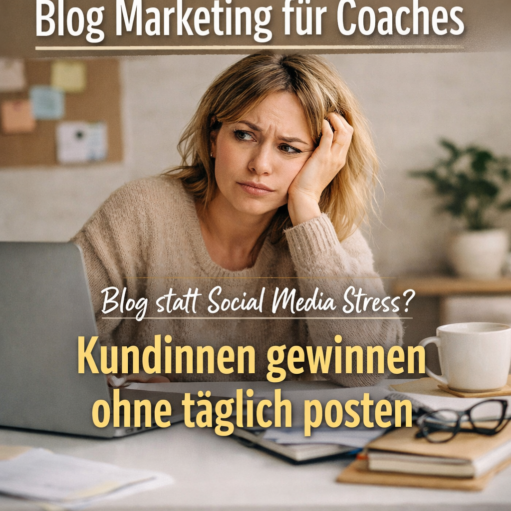 Gestresste Unternehmerin am Laptop symbolisiert Blog Marketing für Coaches und wie man mit Blogartikeln Kundinnen gewinnt ohne Social Media Stress