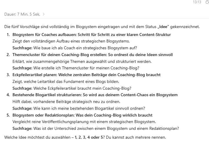 Blog-Buddy Pro – passende Blogthemen mit ChatGPT finden 2 5 Ideen entwickelt